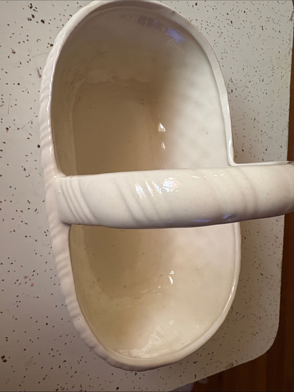 Glossy Cream Ceramic Basket with Handle / Haeger